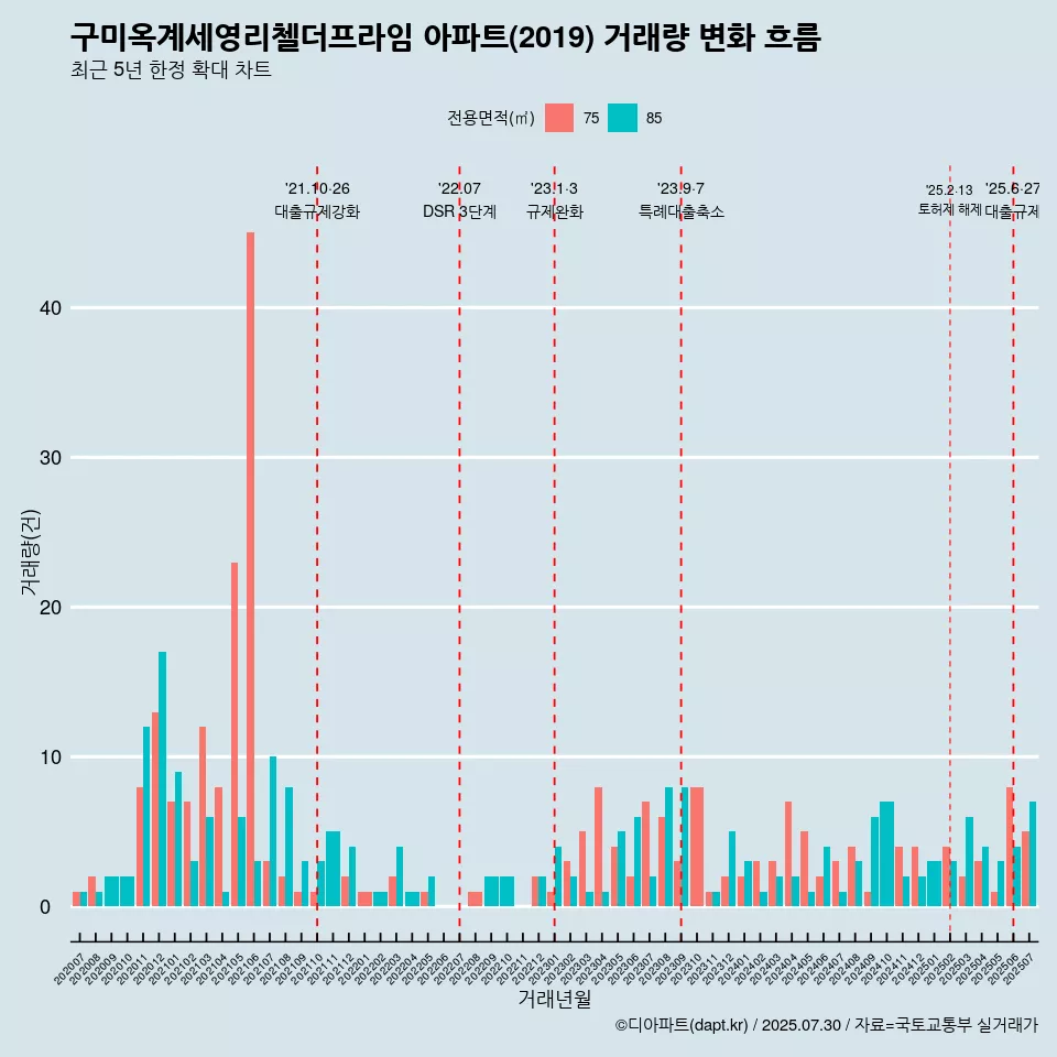 구미옥계세영리첼더프라임 아파트(2019) 거래량 변화 흐름